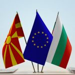 Flags of Macedonia FYROM and Bulgaria with a EU flag in the middle