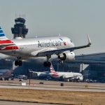 An American Airlines A319 landing at Dallas Fort Worth International Airport