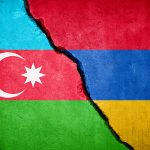 Azerbaijan and Armenia conflict. Country flags on broken wall. Illustration.