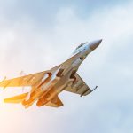 Rapidly taking off combat fighter in the air