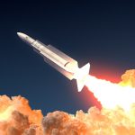 Military Rocket Launch In The Clouds Of Fire. 3D Illustration.