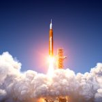 Big Heavy Rocket Space Launch System Launch. 3D Illustration.