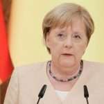 German Chancellor Angela Merkel attends a news conference in Kyiv