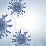 Coronavirus cells in an electron microscope. 3D illustration