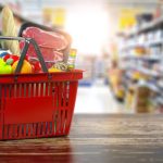 Shopping basket with fresh food. Grocery supermarket, food and eats online buying and delivery concept.